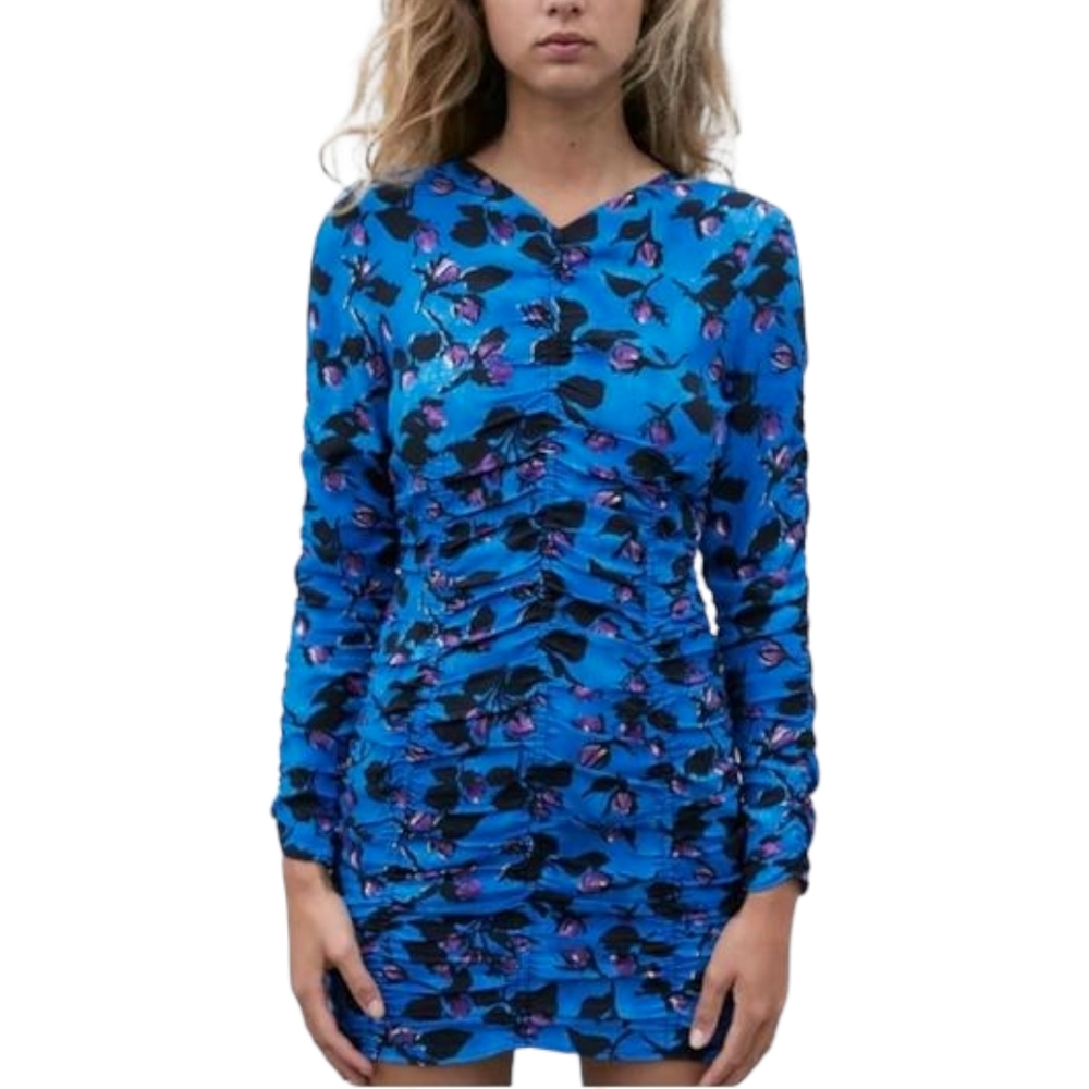 Zara Blue Draped Mini Dress Long-Sleeve Floral Print Size XS